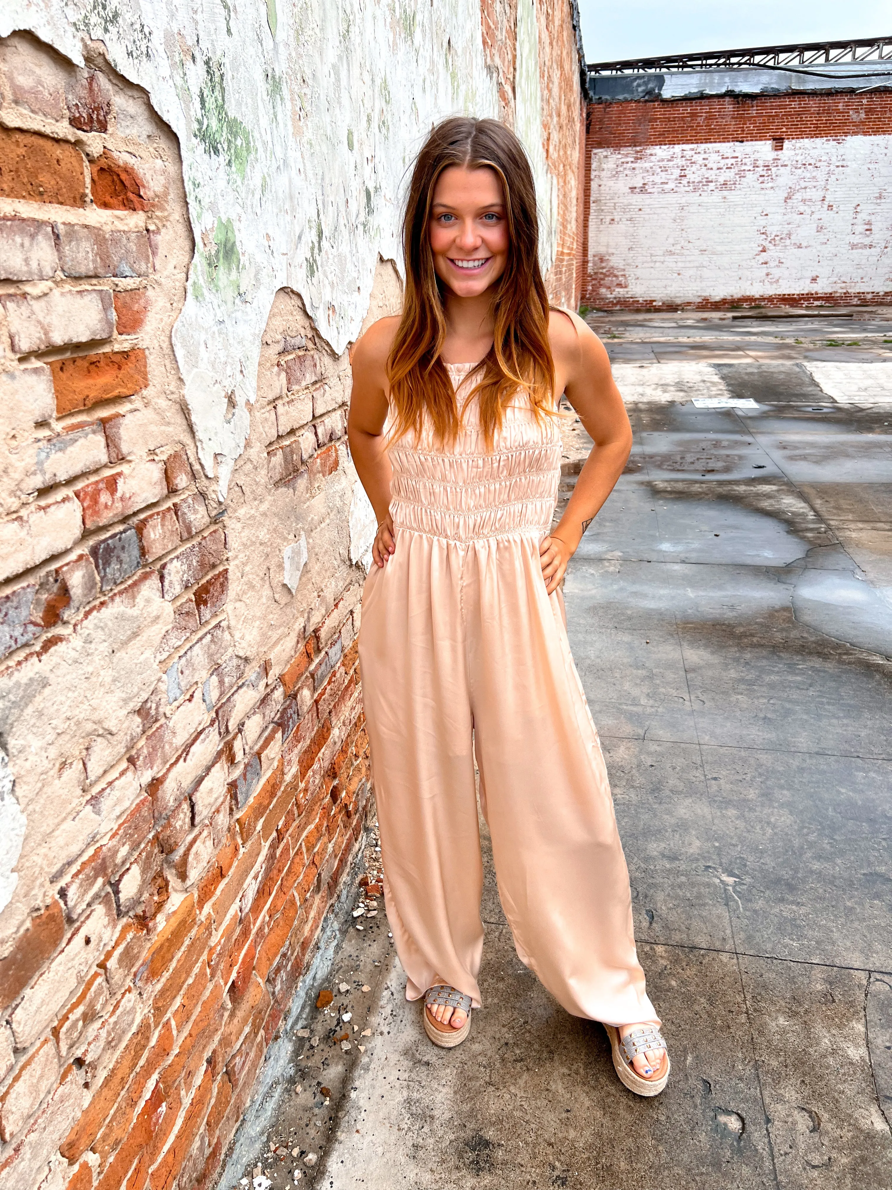 Davina Halter Neck Tie Closure Smocked Jumpsuit