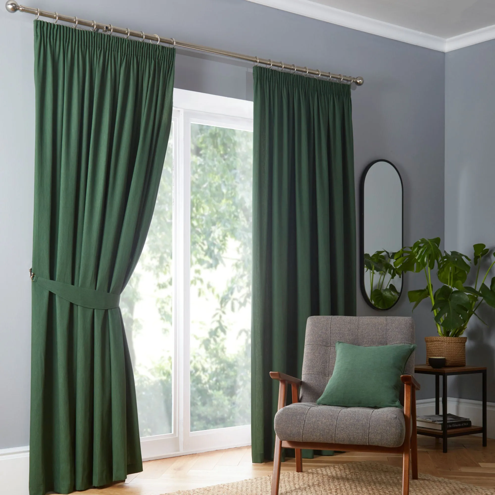 Dijon Pair of Pencil Pleat Curtains by Fusion in Bottle Green