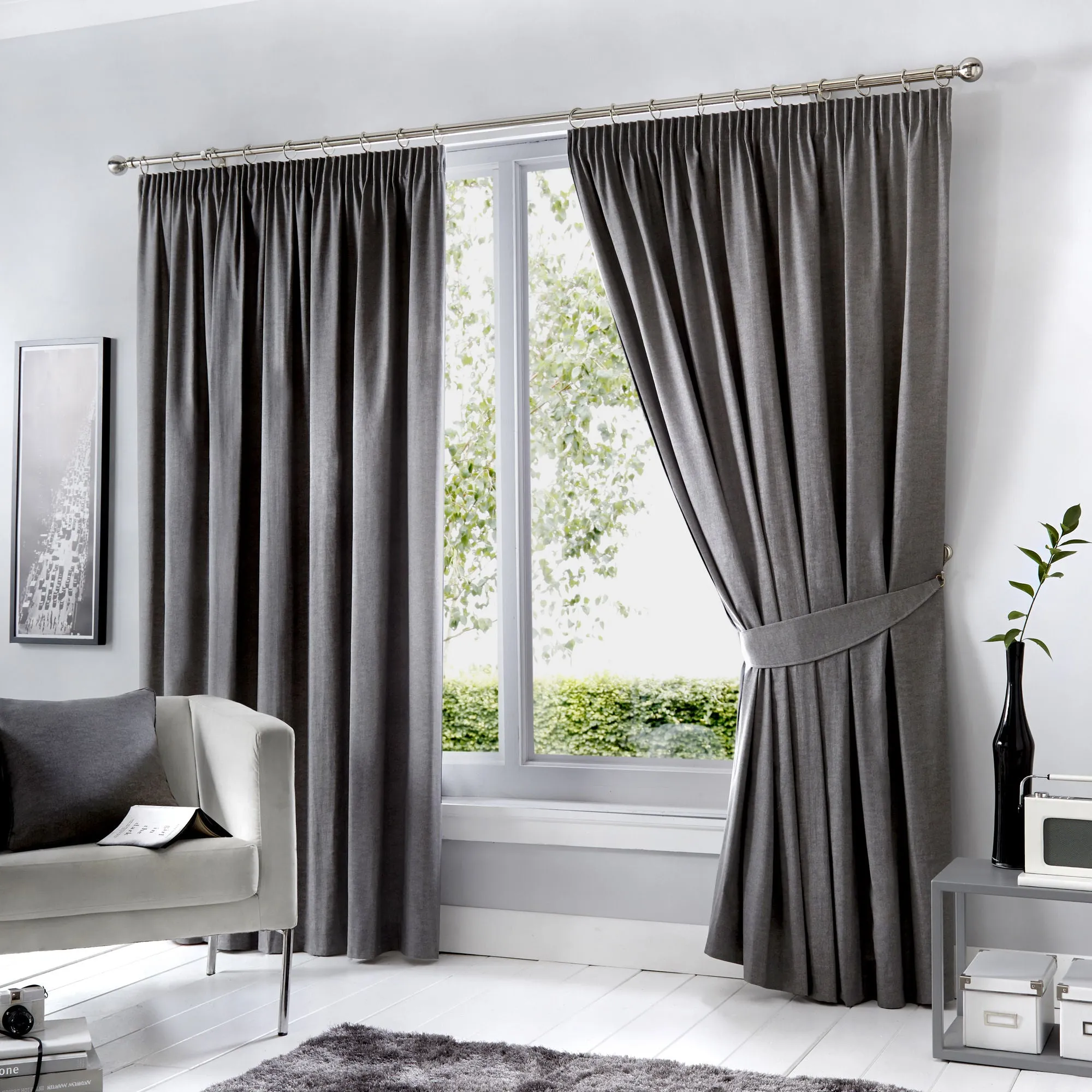 Dijon Pair of Pencil Pleat Curtains by Fusion in Charcoal