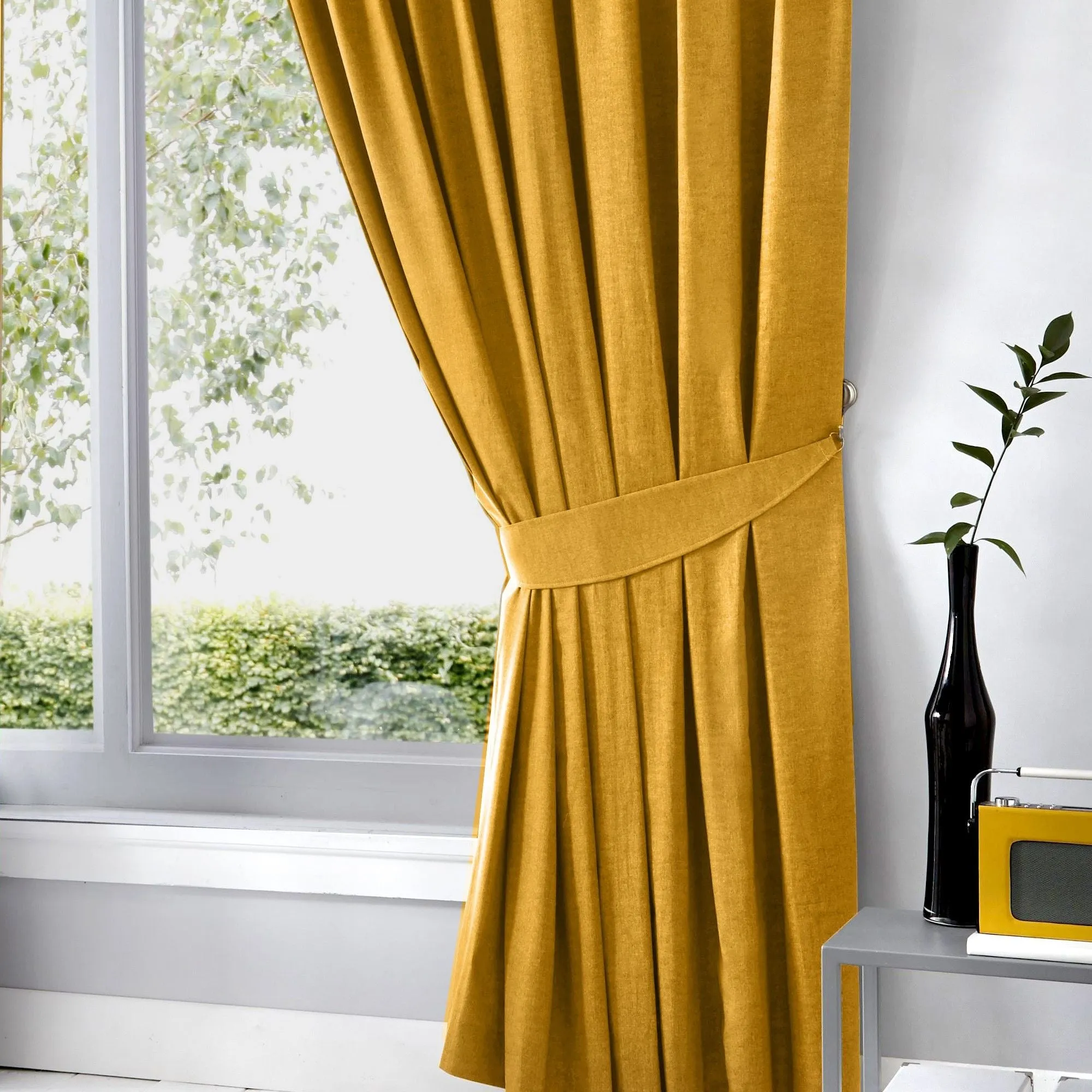 Dijon Pair of Pencil Pleat Curtains by Fusion in Ochre