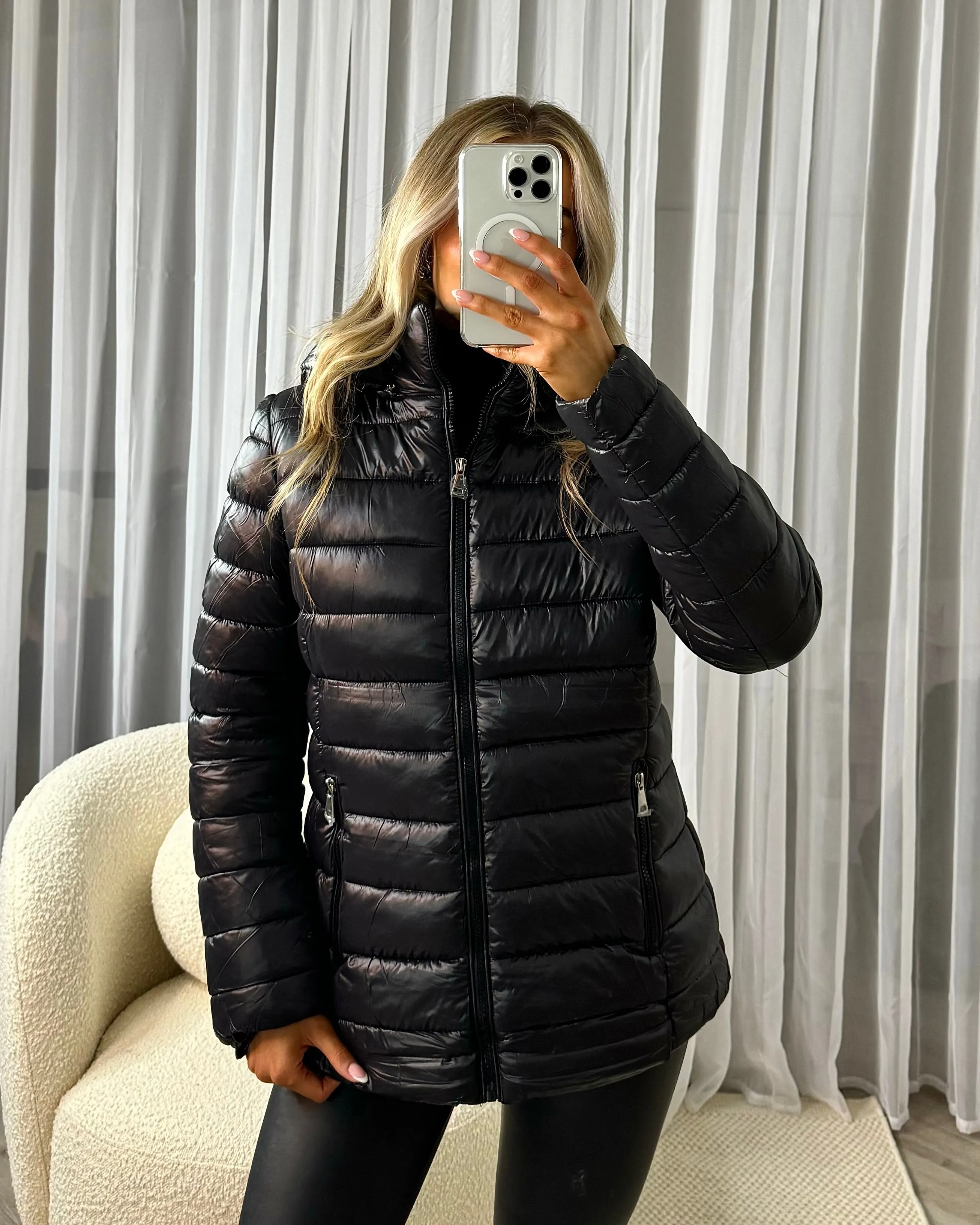 Elena Hooded Quilted Puffer Coat- Black