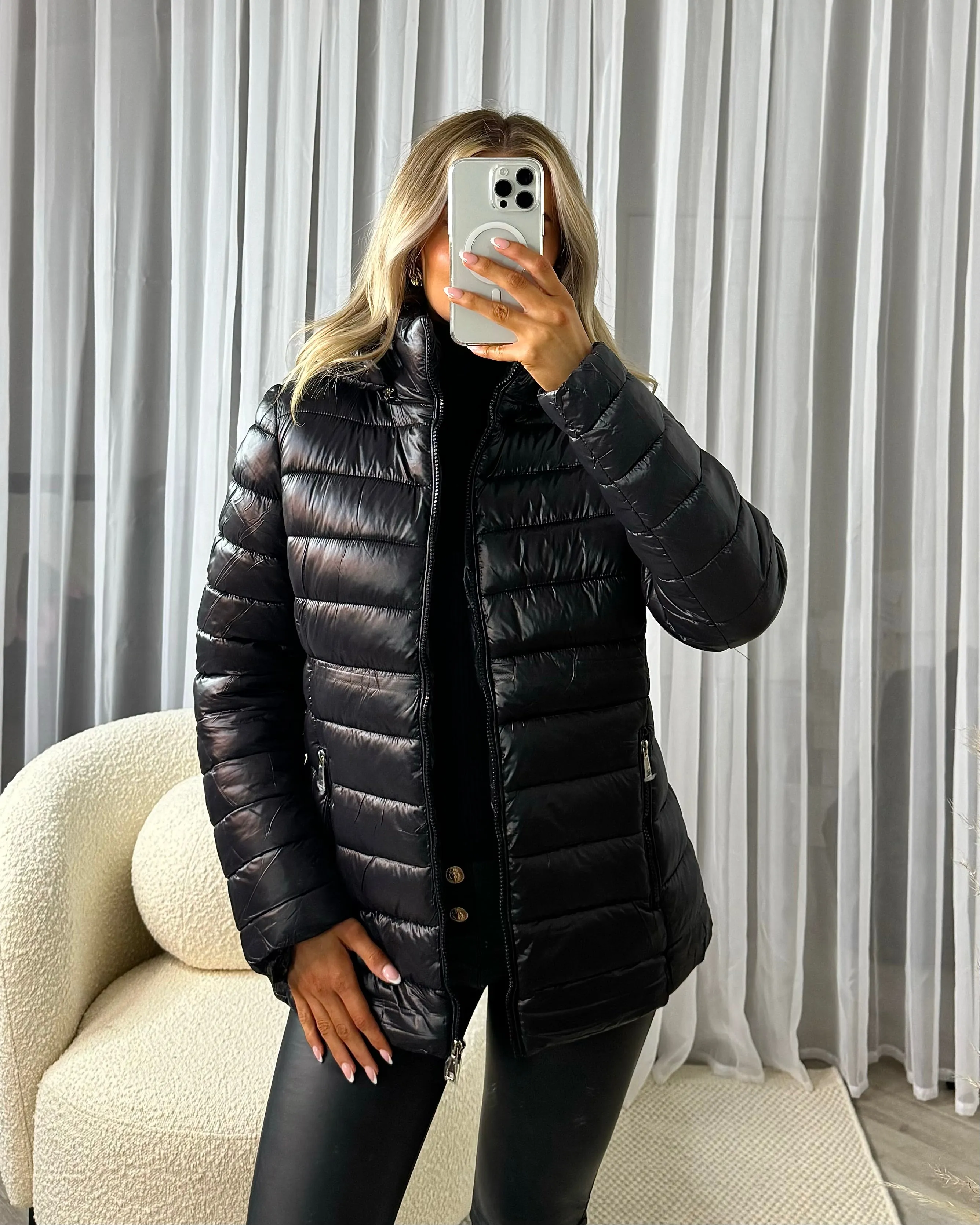 Elena Hooded Quilted Puffer Coat- Black