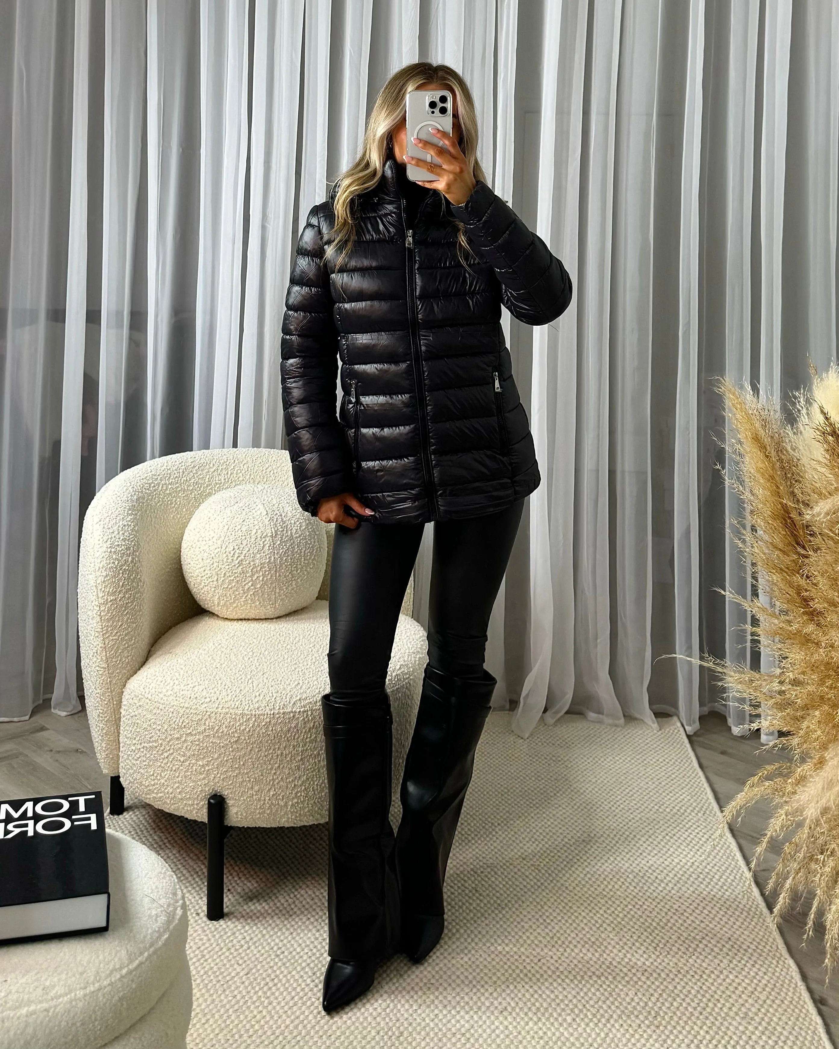 Elena Hooded Quilted Puffer Coat- Black