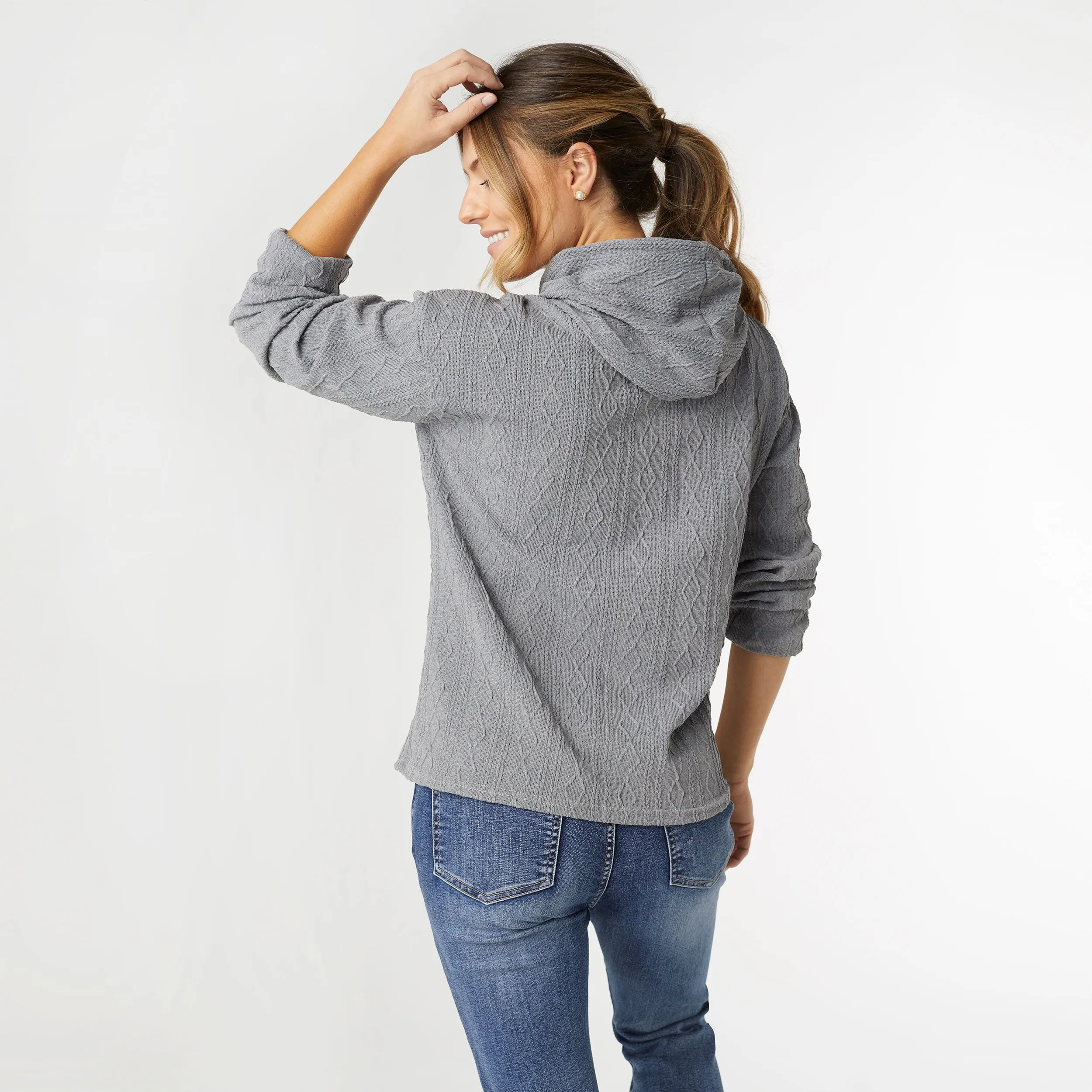 Esther Mini Cable Knit Hooded Top - Mid Heather Grey - Final Sale