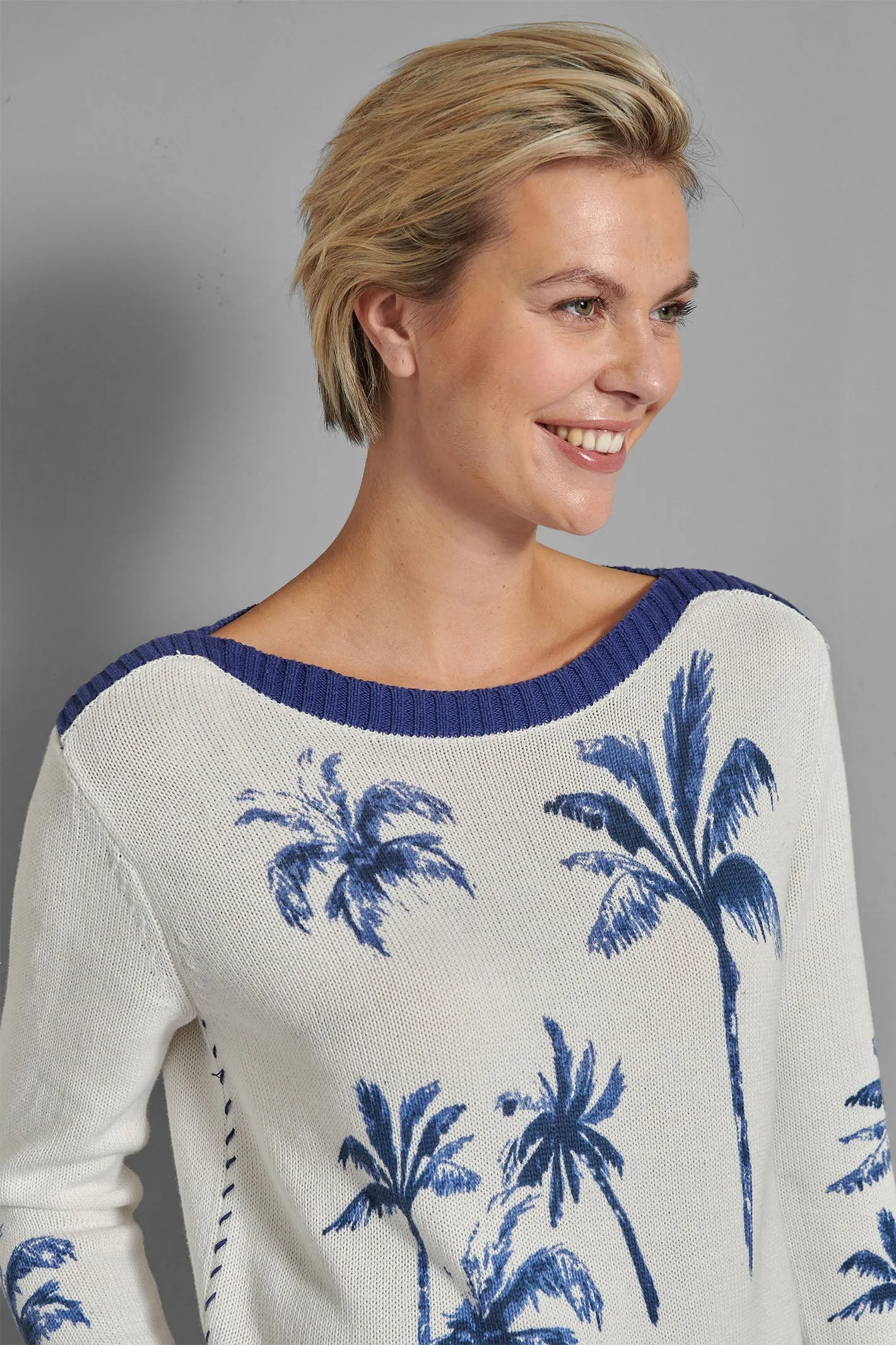 Eve in Paradise Pia Wide Neck Jumper Cream Blue Palm Pattern 1082-24326-6044