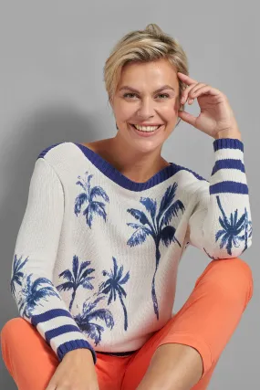 Eve in Paradise Pia Wide Neck Jumper Cream Blue Palm Pattern 1082-24326-6044