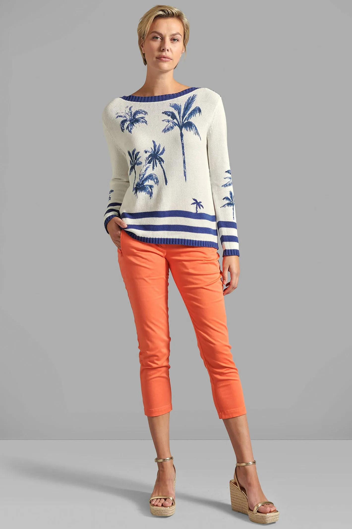 Eve in Paradise Pia Wide Neck Jumper Cream Blue Palm Pattern 1082-24326-6044
