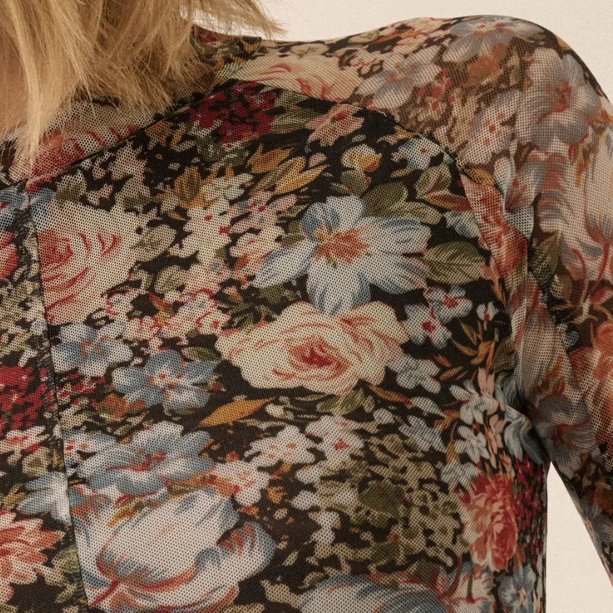 Floral Meadows Mesh Black Floral Mock Neck Top