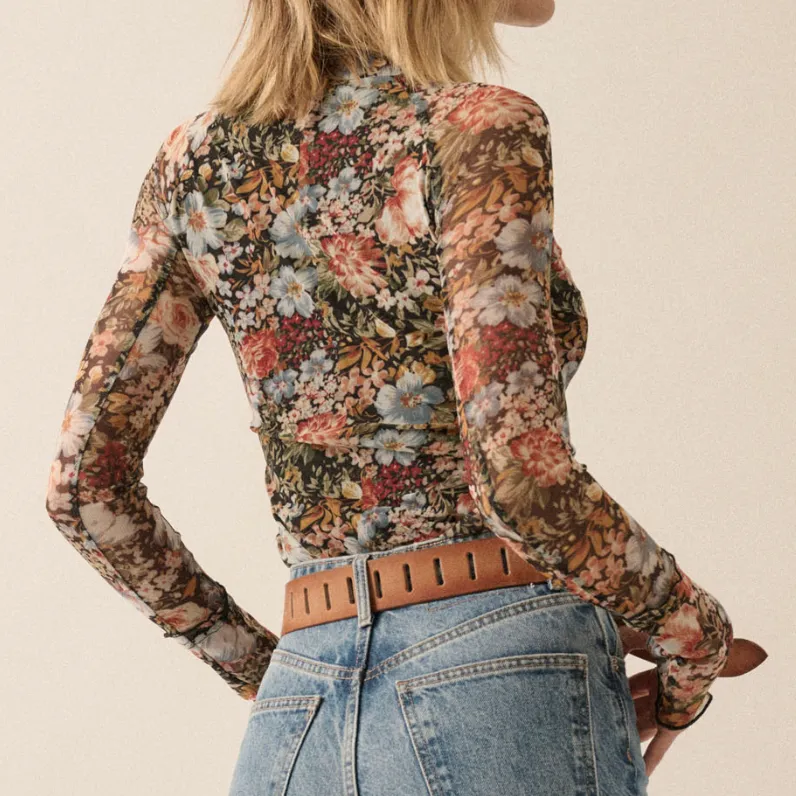 Floral Meadows Mesh Black Floral Mock Neck Top