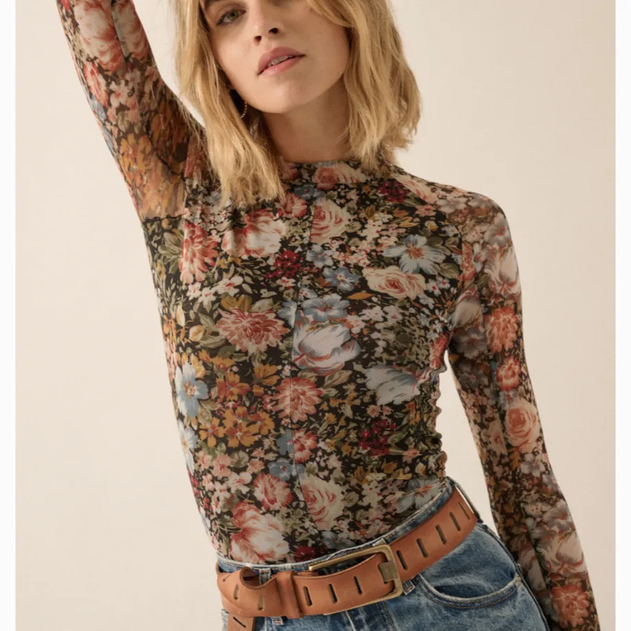 Floral Meadows Mesh Black Floral Mock Neck Top