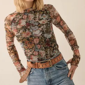 Floral Meadows Mesh Black Floral Mock Neck Top