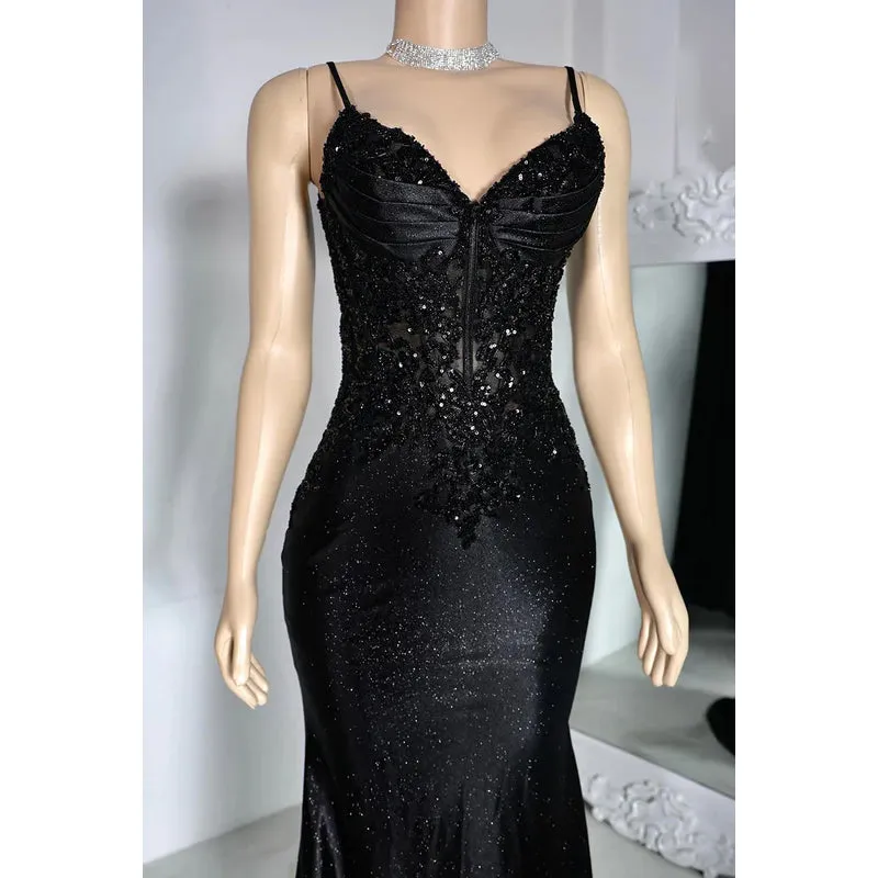 Glamorous & Dramatic Spaghetti Straps V neck Mermaid Sequins Evening Party Prom Dress