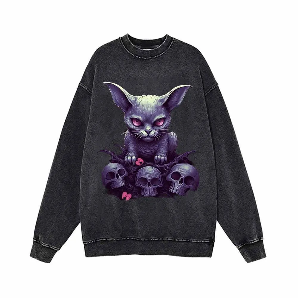 Gothic Kitten And Skeleton Vintage Washed Sweatshirt