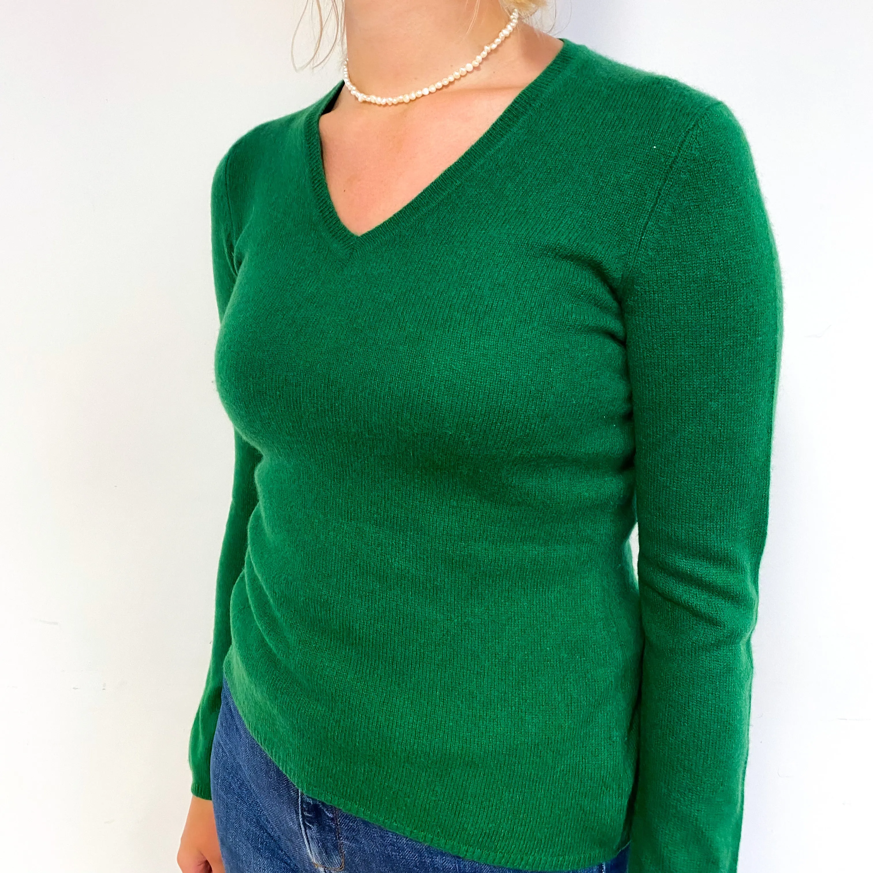 Grass Green Cashmere V-Neck Jumper Small