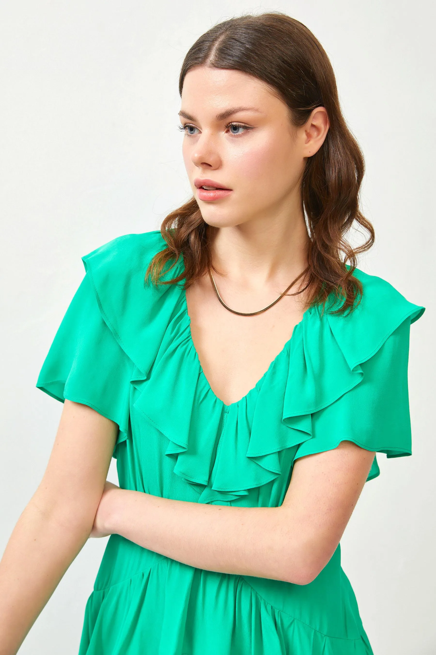 Green Ruffle Detail Maxi Dress