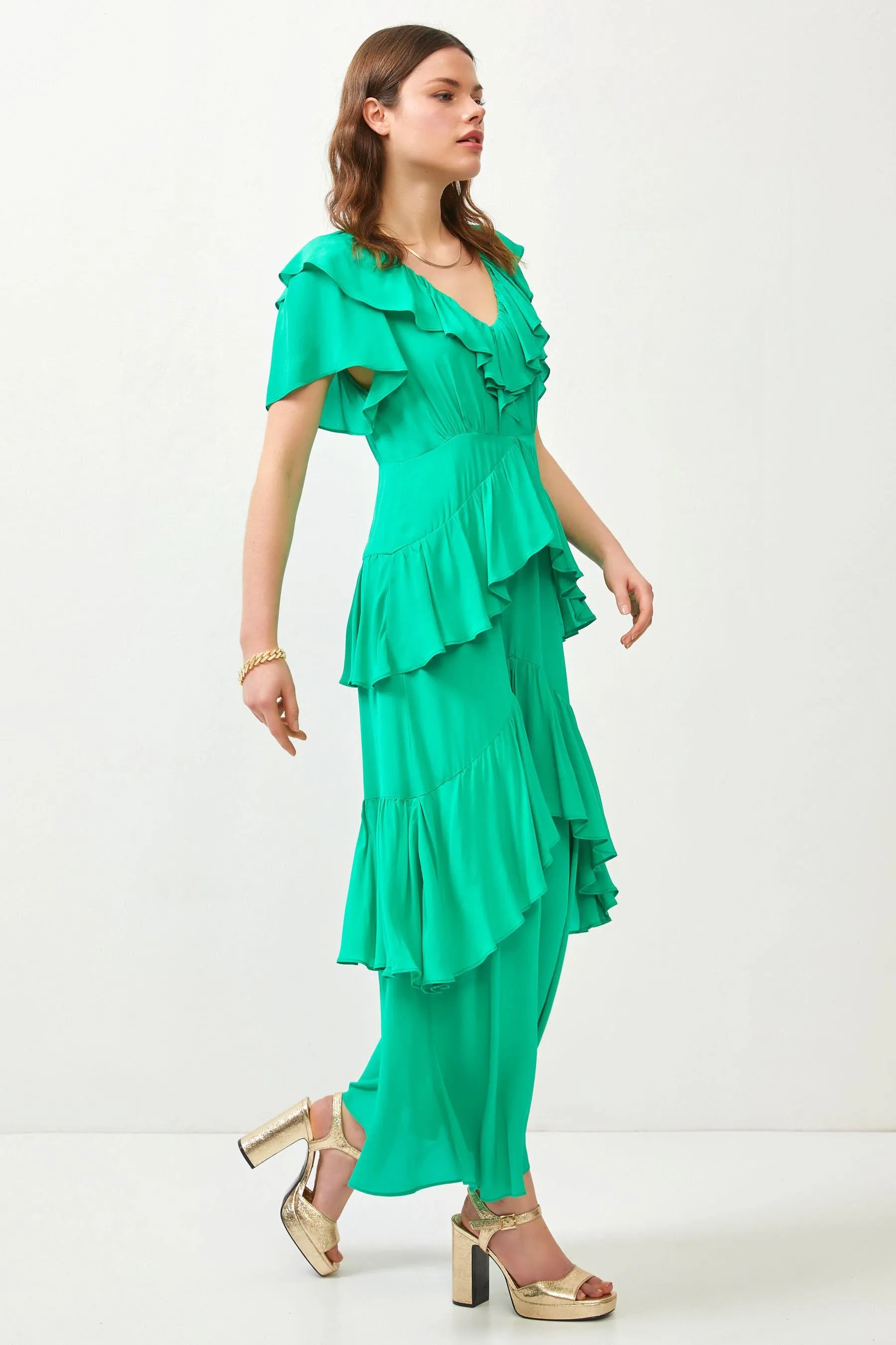 Green Ruffle Detail Maxi Dress