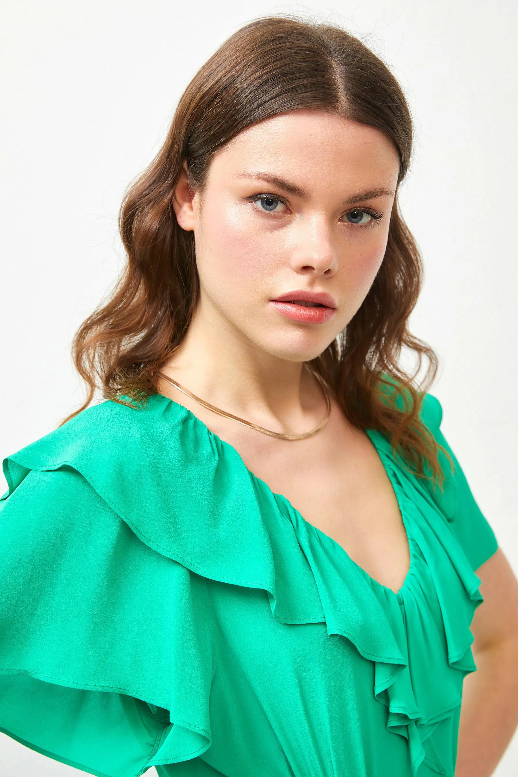 Green Ruffle Detail Maxi Dress