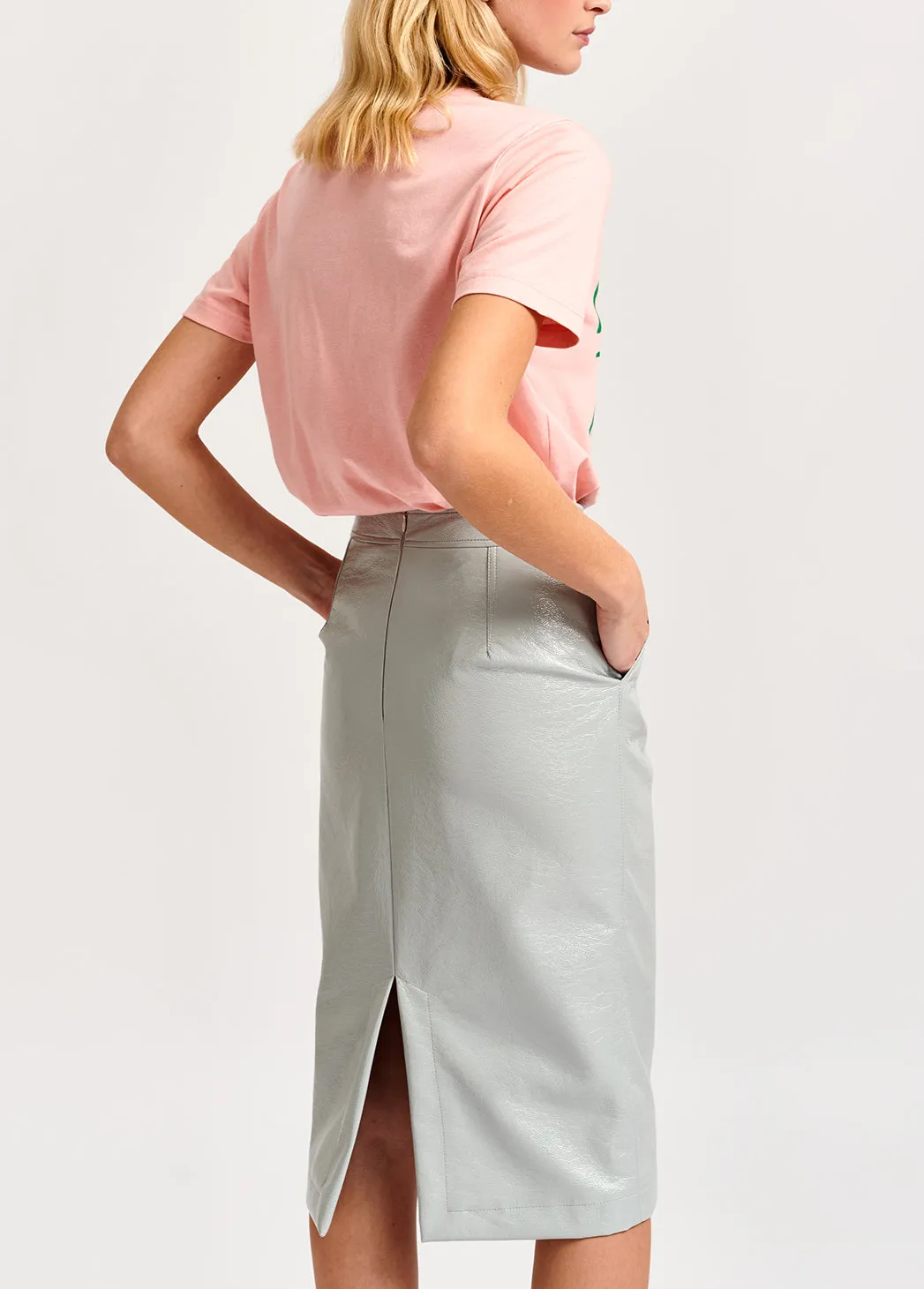 Grey faux patent-leather pencil skirt