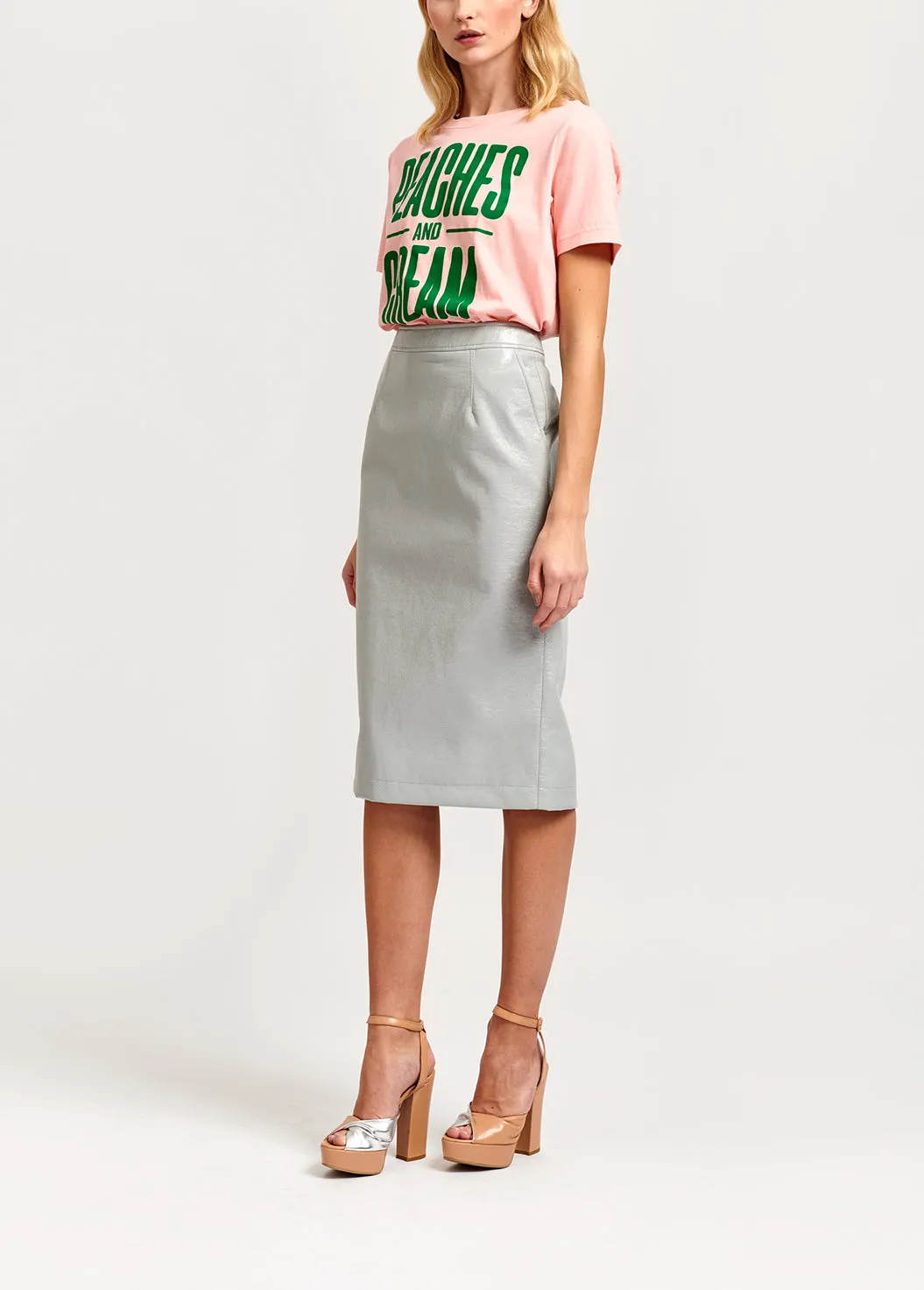 Grey faux patent-leather pencil skirt