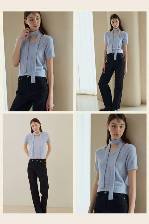 Hairy Half Sleave Knit [Blue]