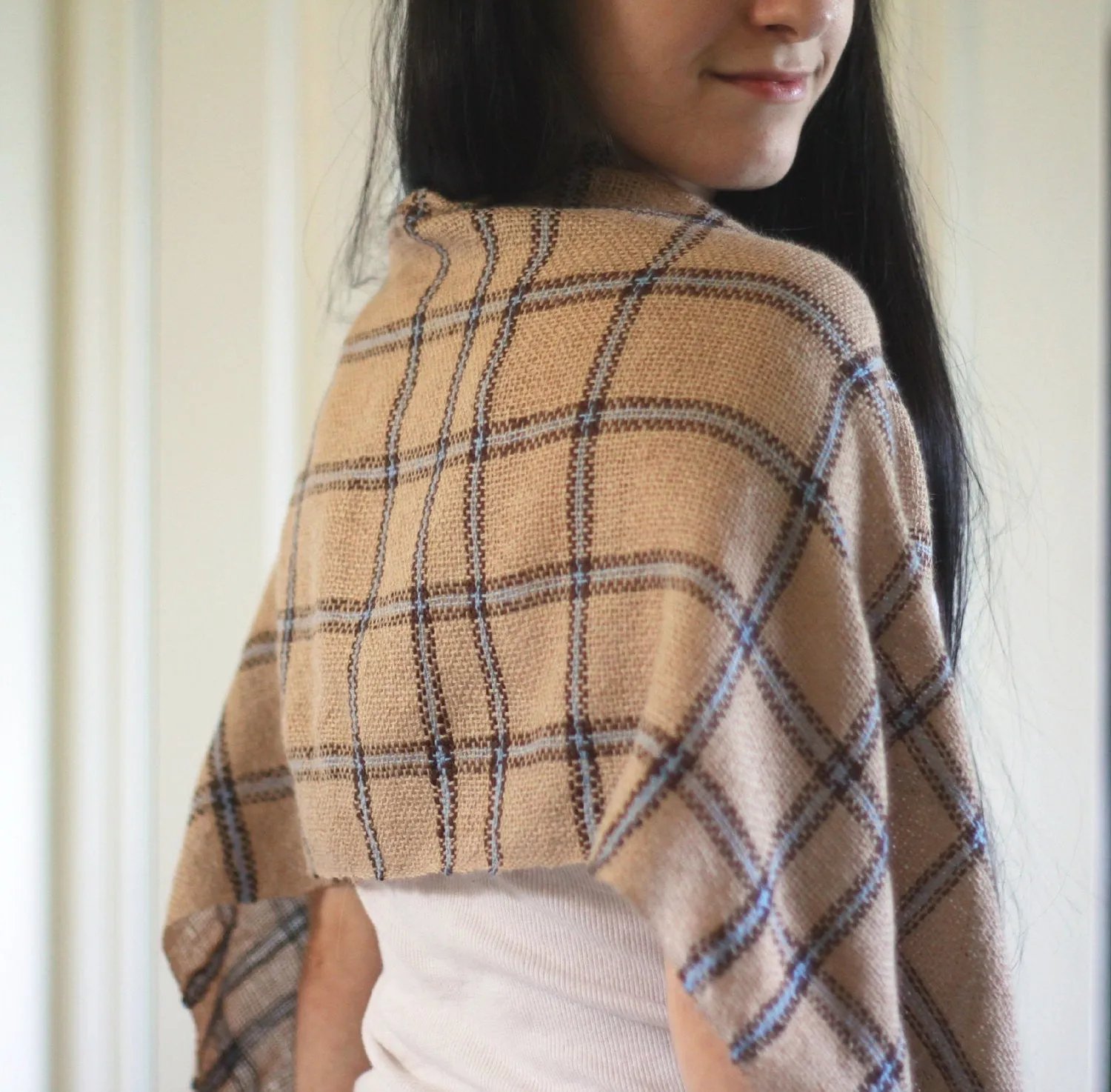 Handwoven scarf in beige and blue colors, unisex