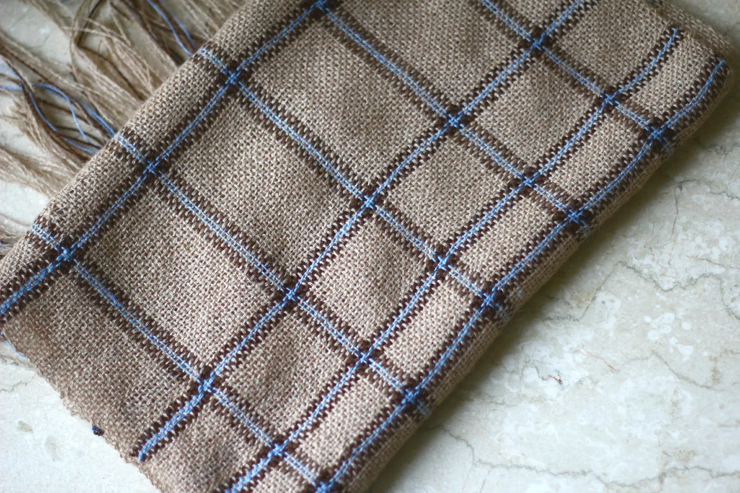Handwoven scarf in beige and blue colors, unisex