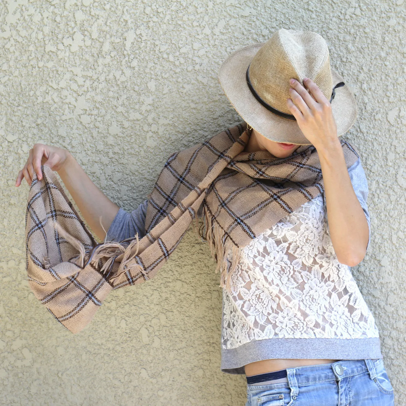Handwoven scarf in beige and blue colors, unisex
