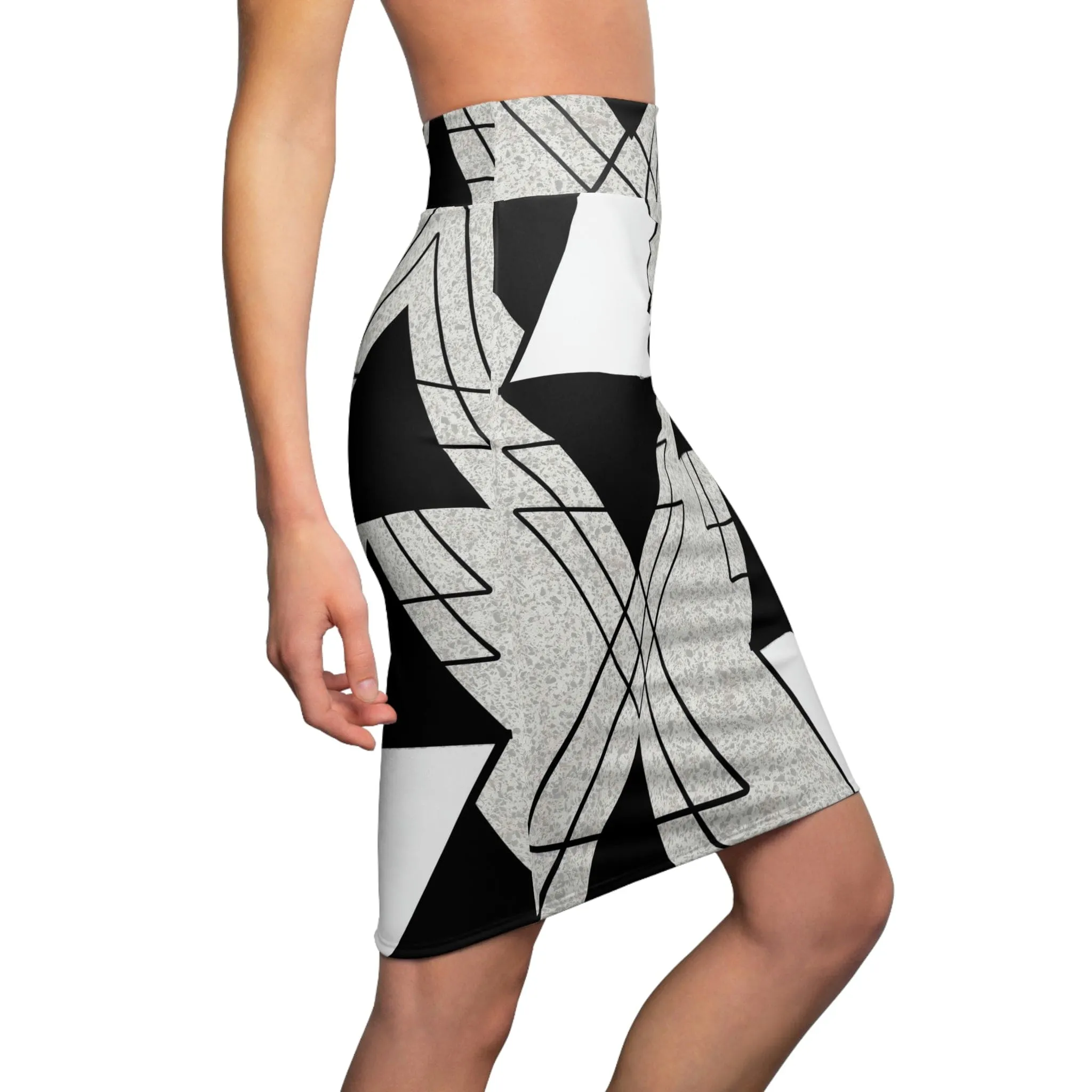 High Waist Womens Pencil Skirt - Contour Stretch - Black and White Ash Grey Triangular Colorblock
