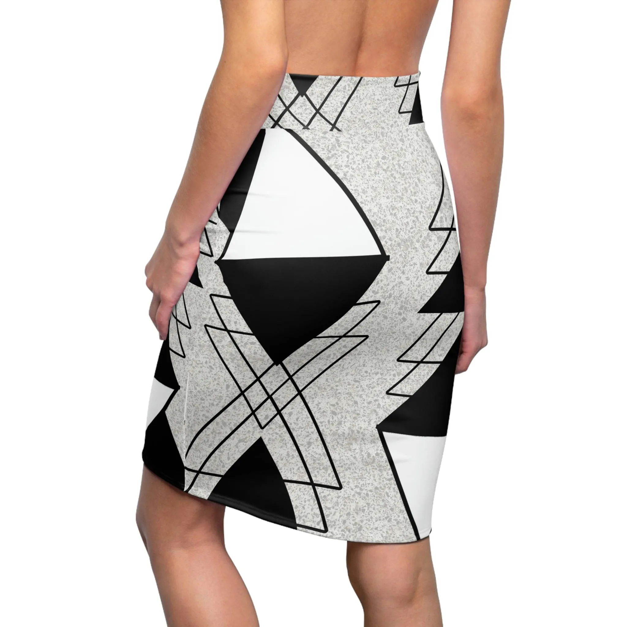 High Waist Womens Pencil Skirt - Contour Stretch - Black and White Ash Grey Triangular Colorblock