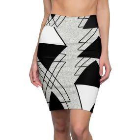 High Waist Womens Pencil Skirt - Contour Stretch - Black and White Ash Grey Triangular Colorblock