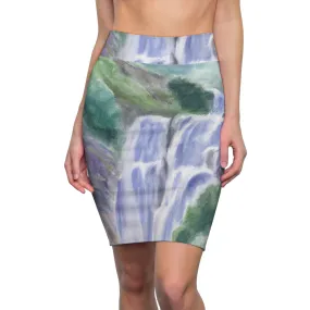 High Waist Womens Pencil Skirt - Contour Stretch - Purple Watercolor Waterfall Green Landscape Nature Print