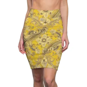 High Waist Womens Pencil Skirt - Contour Stretch - Yellow Floral Bandanna Illustration Pattern