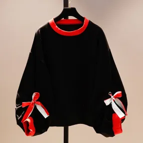 Hit Color Patchwork Bowknot Sweatshirts For Women Round Neck Lantern Sleeve Loose Design Sweatshirt Female Fashion