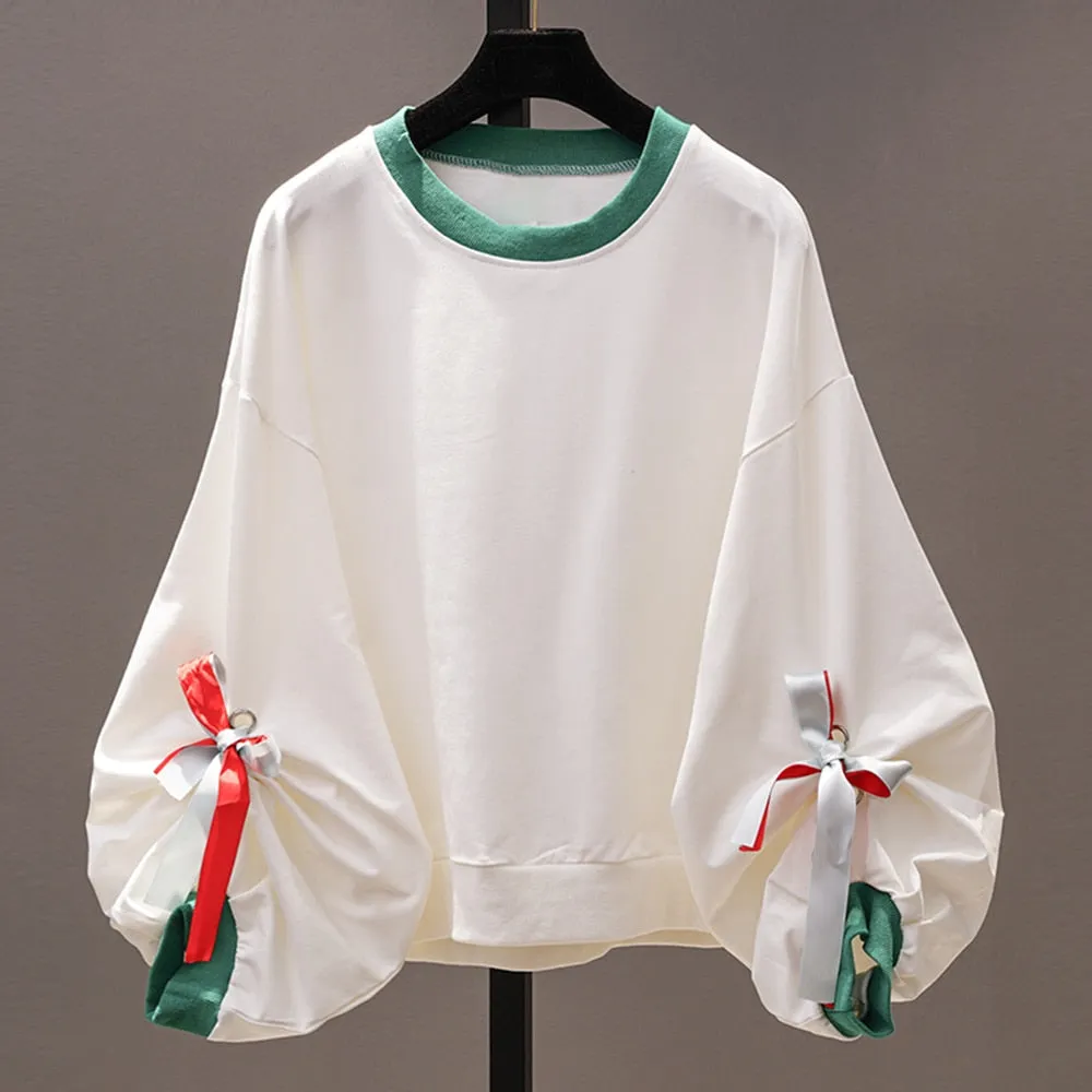 Hit Color Patchwork Bowknot Sweatshirts For Women Round Neck Lantern Sleeve Loose Design Sweatshirt Female Fashion