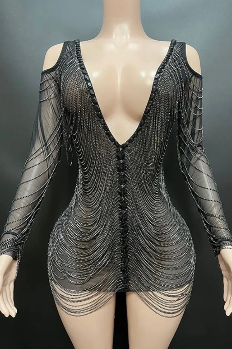 Jessica Bara Amra Crystal Fringe Long Sleeve Mini Dress As Seen On Cindy Prado
