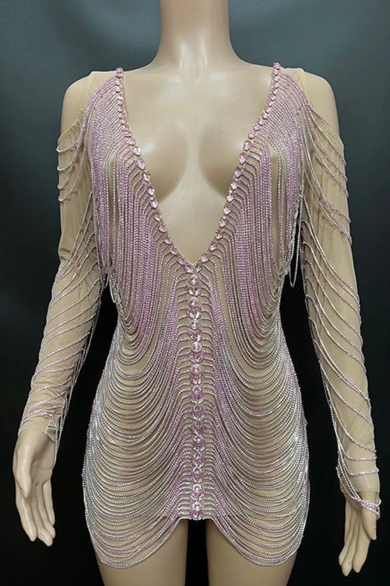 Jessica Bara Amra Crystal Fringe Long Sleeve Mini Dress As Seen On Cindy Prado