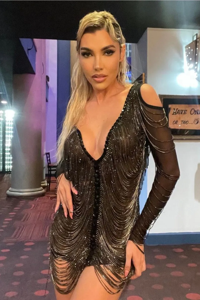 Jessica Bara Amra Crystal Fringe Long Sleeve Mini Dress As Seen On Cindy Prado