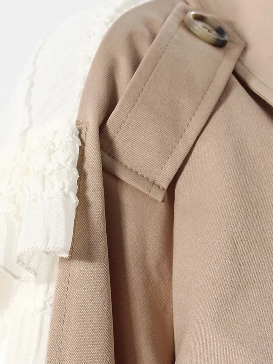 Khaki Cargo Beige Ruffle Patchwork Trench Coat