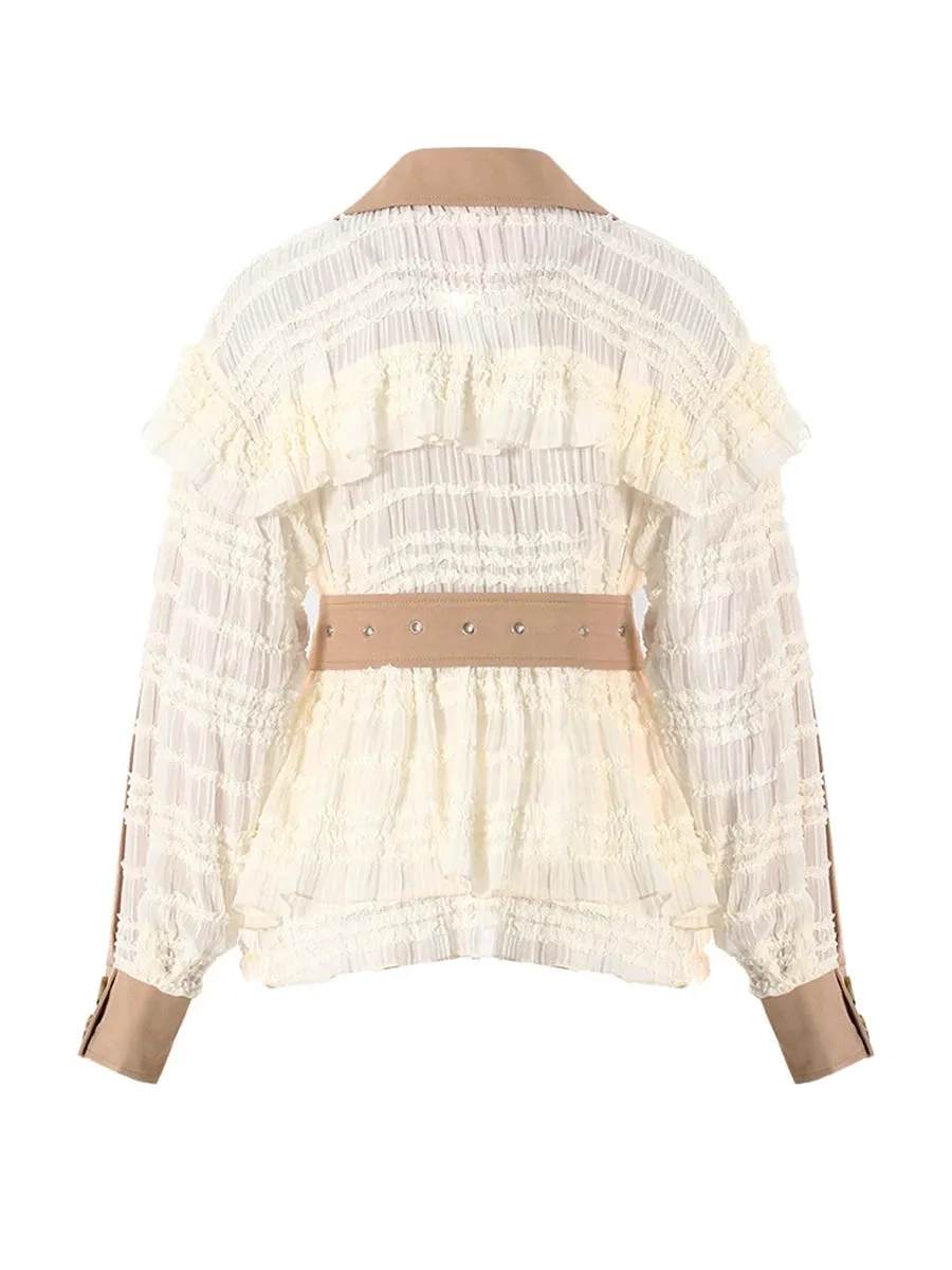 Khaki Cargo Beige Ruffle Patchwork Trench Coat