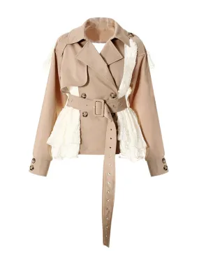 Khaki Cargo Beige Ruffle Patchwork Trench Coat