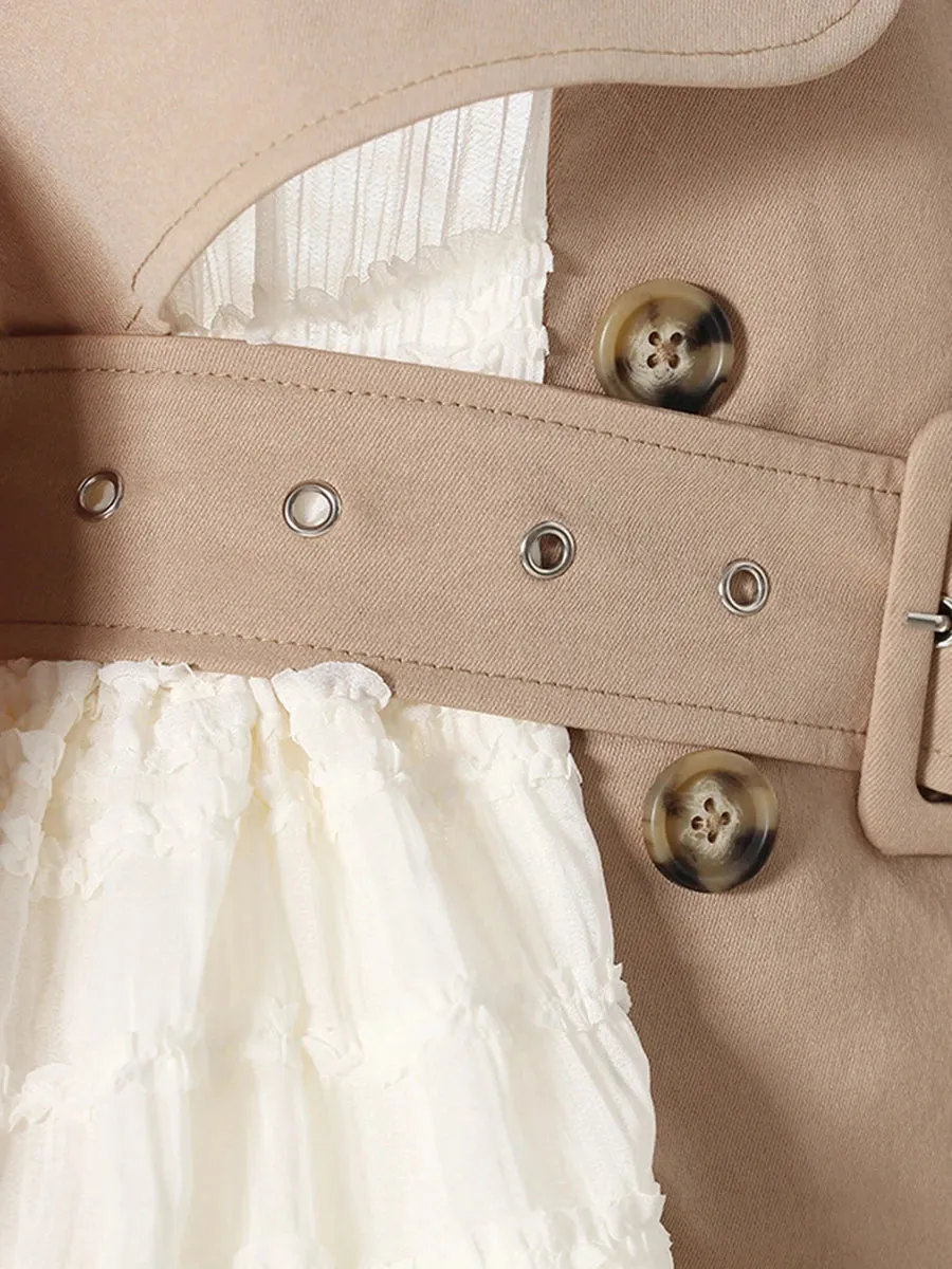 Khaki Cargo Beige Ruffle Patchwork Trench Coat