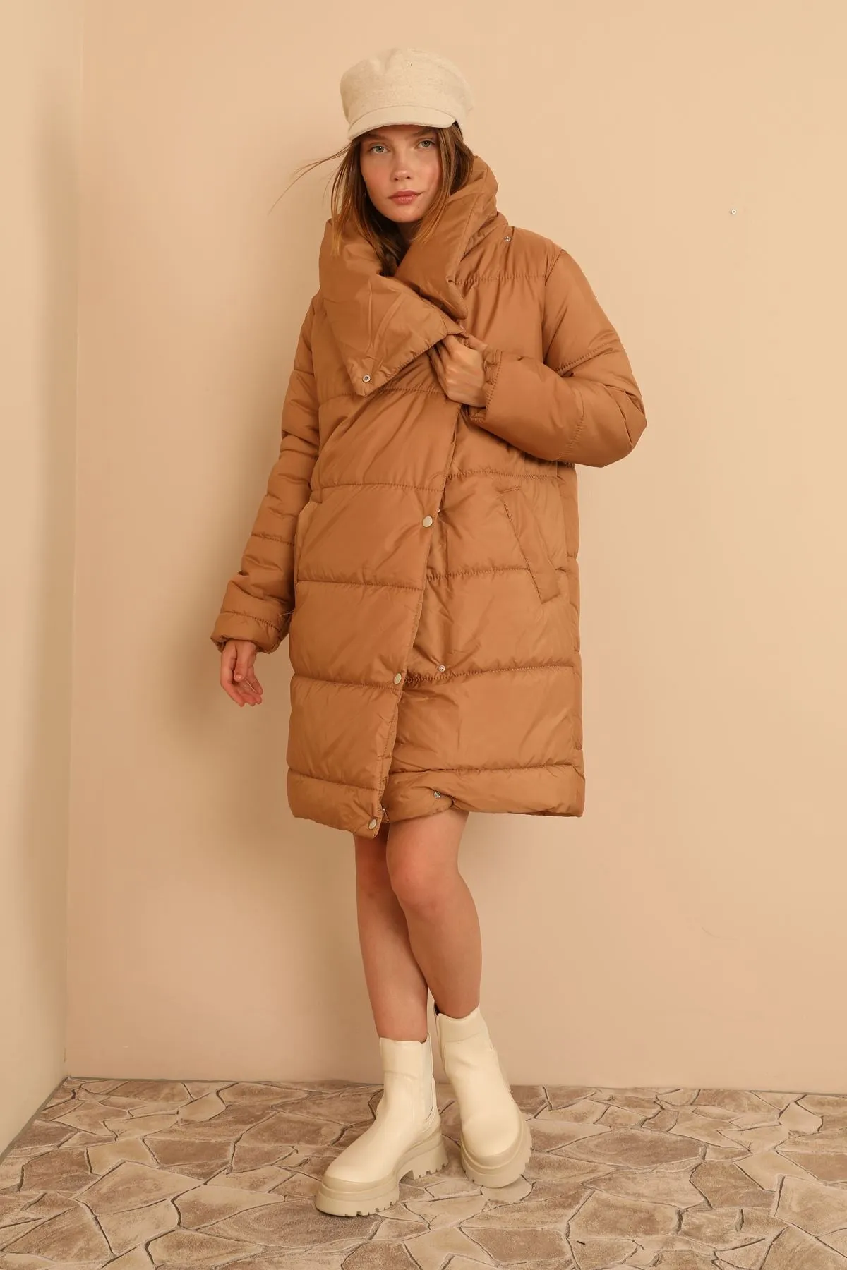 KKT Quilted Fabric  Shawl Collar Women Coat-Camel Brown - Clarington