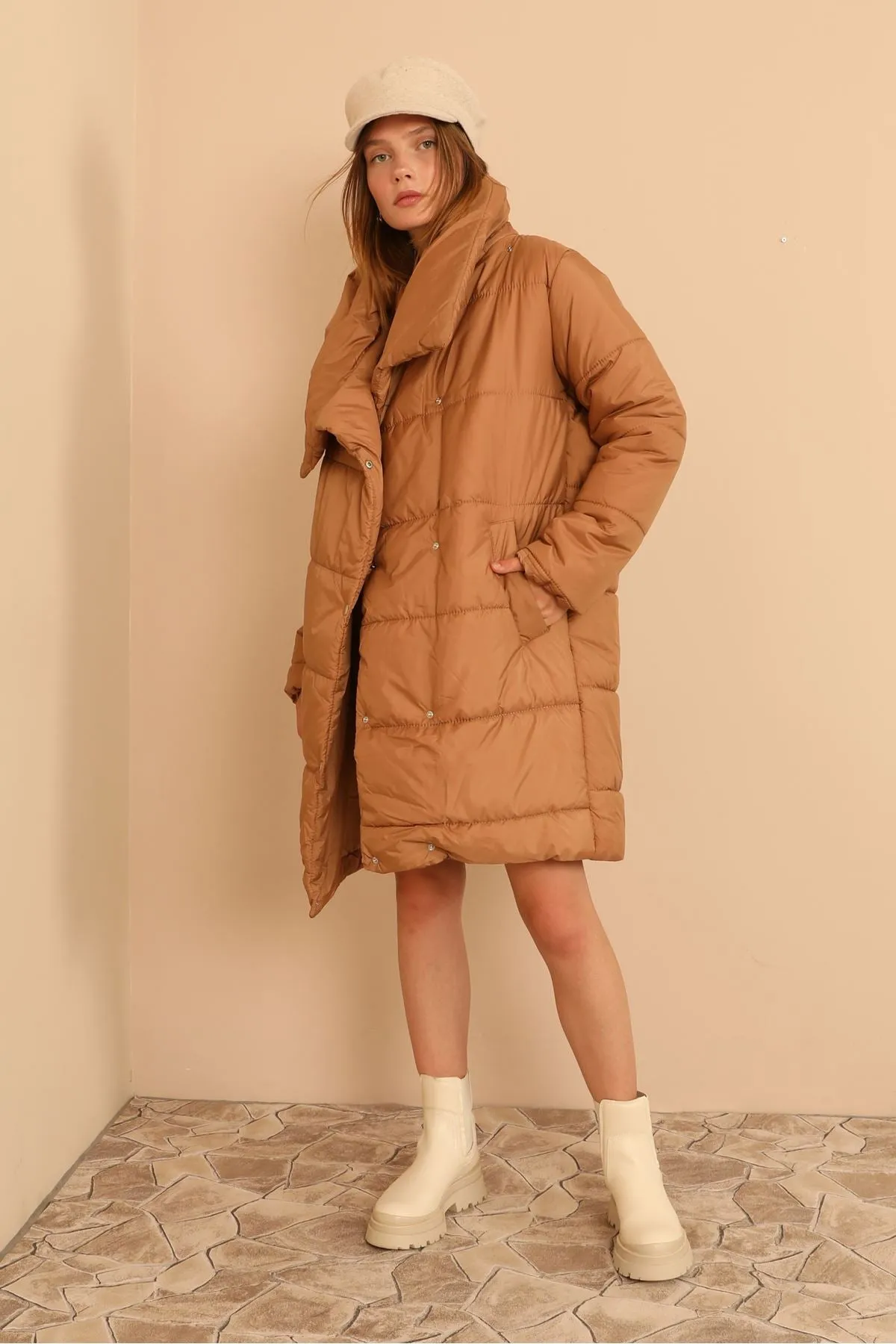 KKT Quilted Fabric  Shawl Collar Women Coat-Camel Brown - Clarington