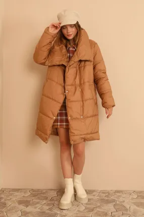 KKT Quilted Fabric  Shawl Collar Women Coat-Camel Brown - Clarington