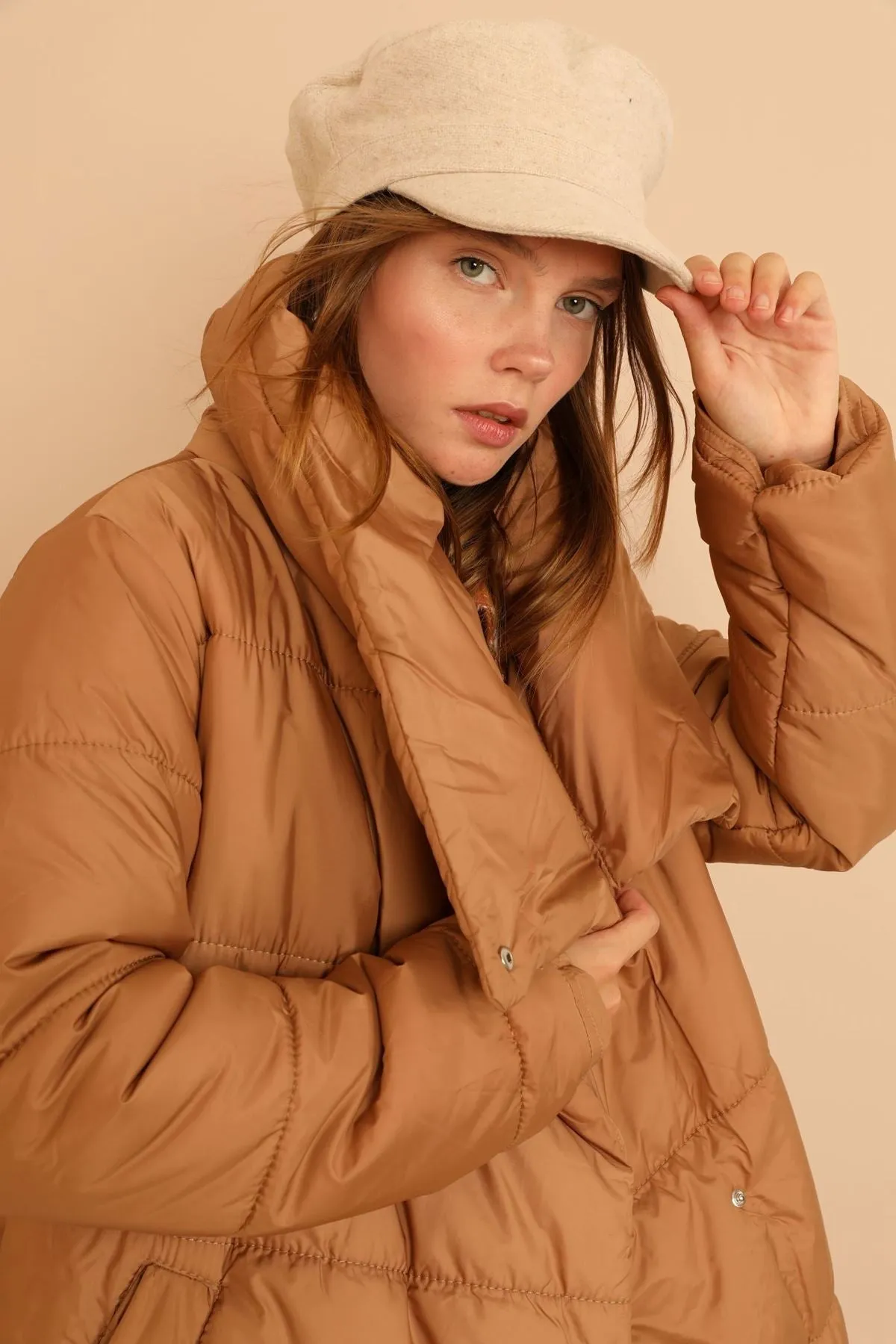 KKT Quilted Fabric  Shawl Collar Women Coat-Camel Brown - Clarington