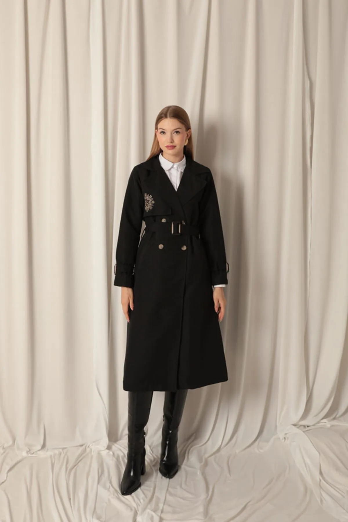 KKT Torino Fabric Embroidered Women's Black Trench Coat - Dewsbury