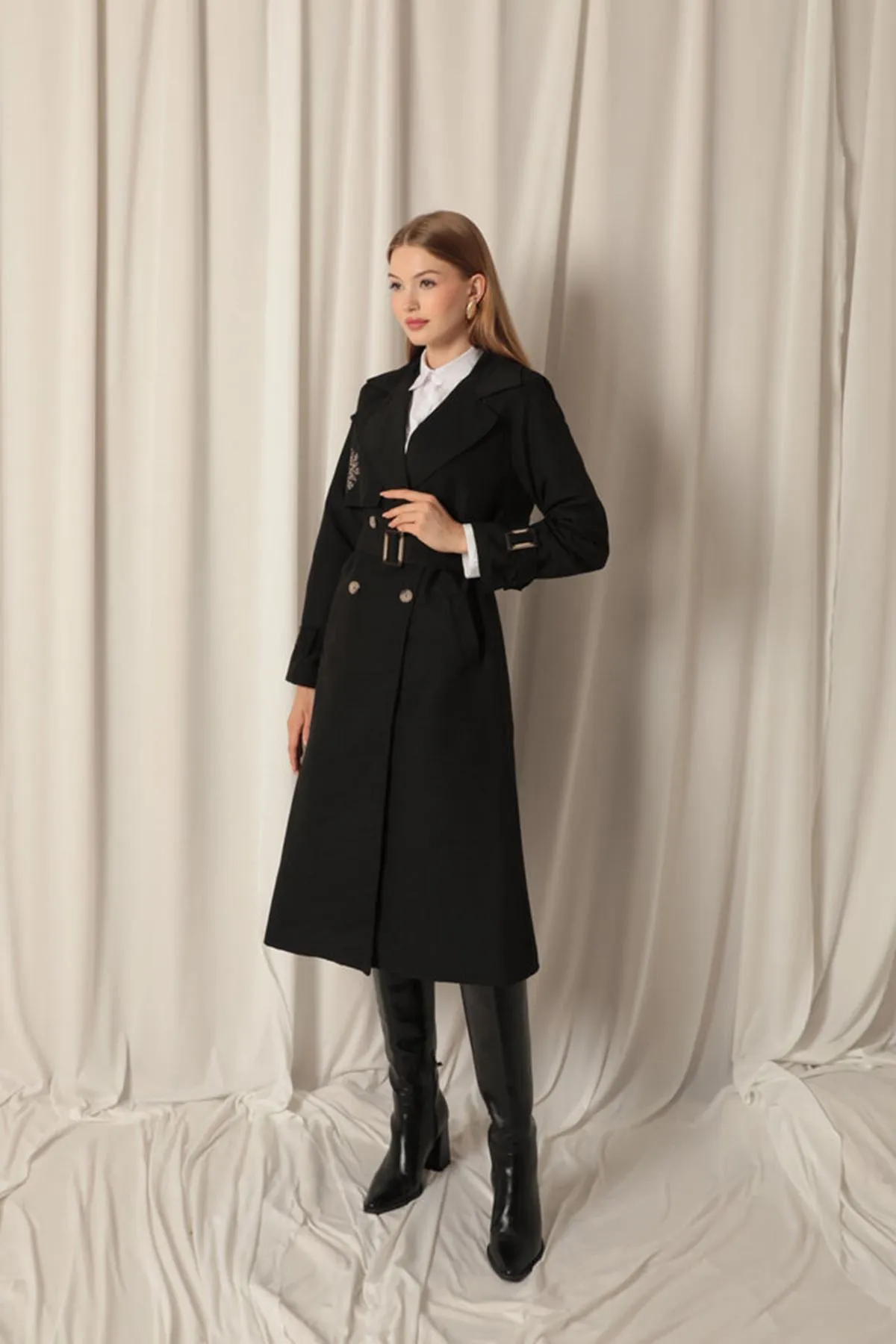 KKT Torino Fabric Embroidered Women's Black Trench Coat - Dewsbury
