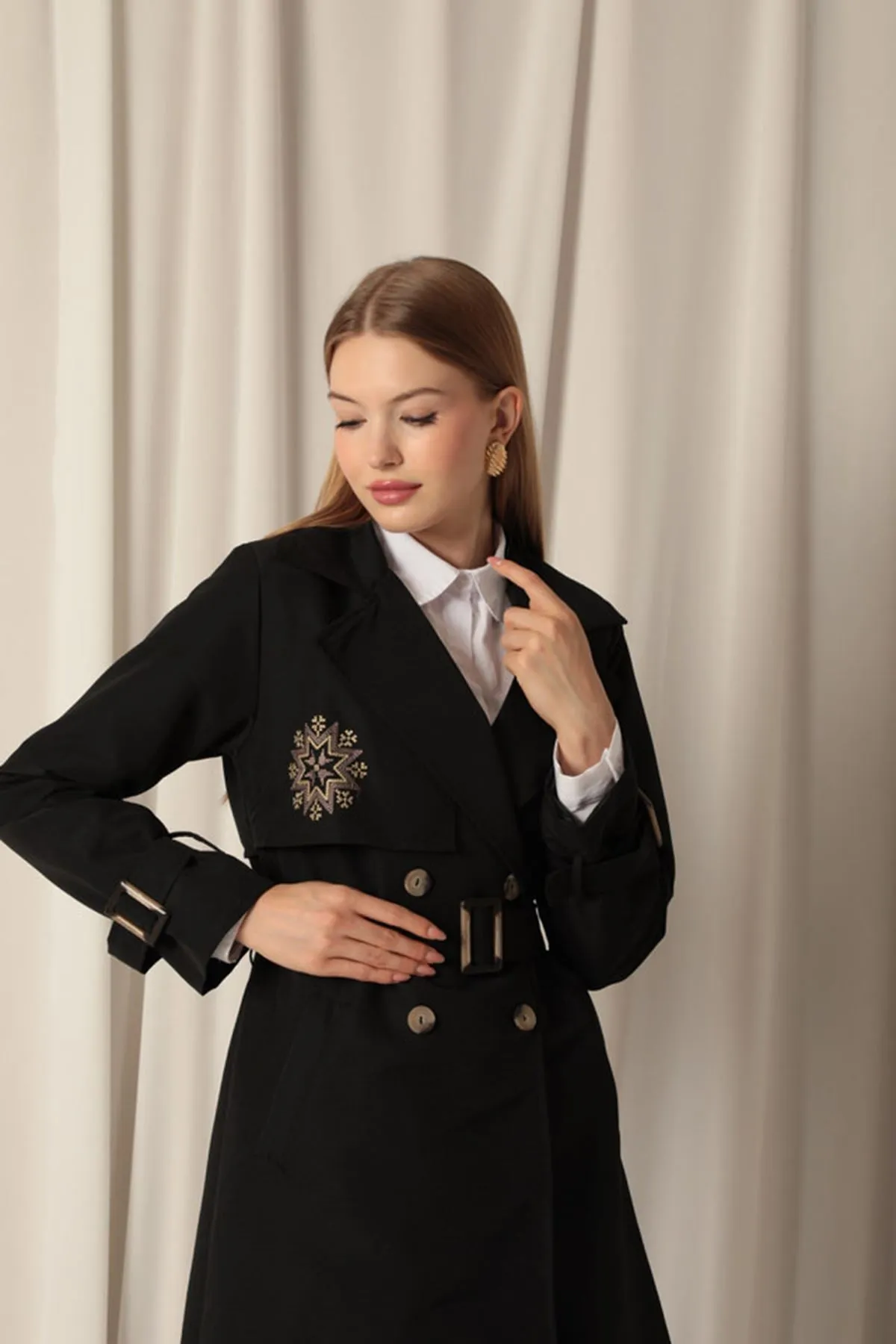KKT Torino Fabric Embroidered Women's Black Trench Coat - Dewsbury