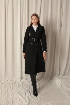 KKT Torino Fabric Embroidered Women's Black Trench Coat - Dewsbury