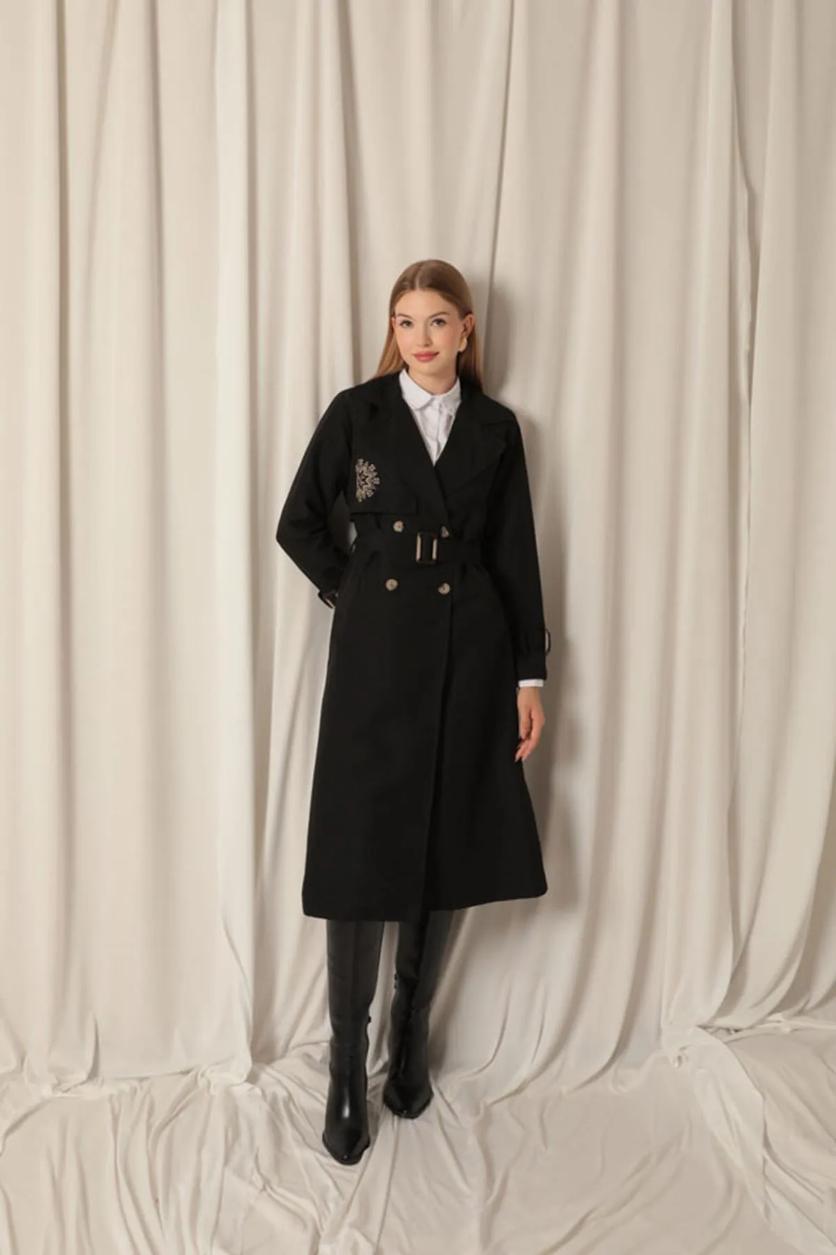 KKT Torino Fabric Embroidered Women's Black Trench Coat - Dewsbury
